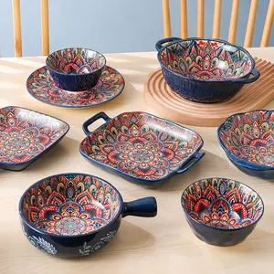 Vintage Floral Pattern Ceramic Bowl Set, 1 Set Including 6 Counts Bowl & 1 Count Bowl Holder, Household Tableware Set for Home Kitchen Dining Room, Ceramic Dinnerware Set