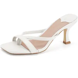 Coutgo Women's Kitten Heels Sandals Square Open Toe Thong Slides Backless Slip on Slippers Shoes