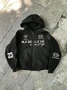 French Racing Style Letter Hooded Long Sleeve Zipper Sweatshirt, Drawstring Sports Hoodie, Streetwear, Casual Fitted Graphic Jacket, Fall & Winter Fashion