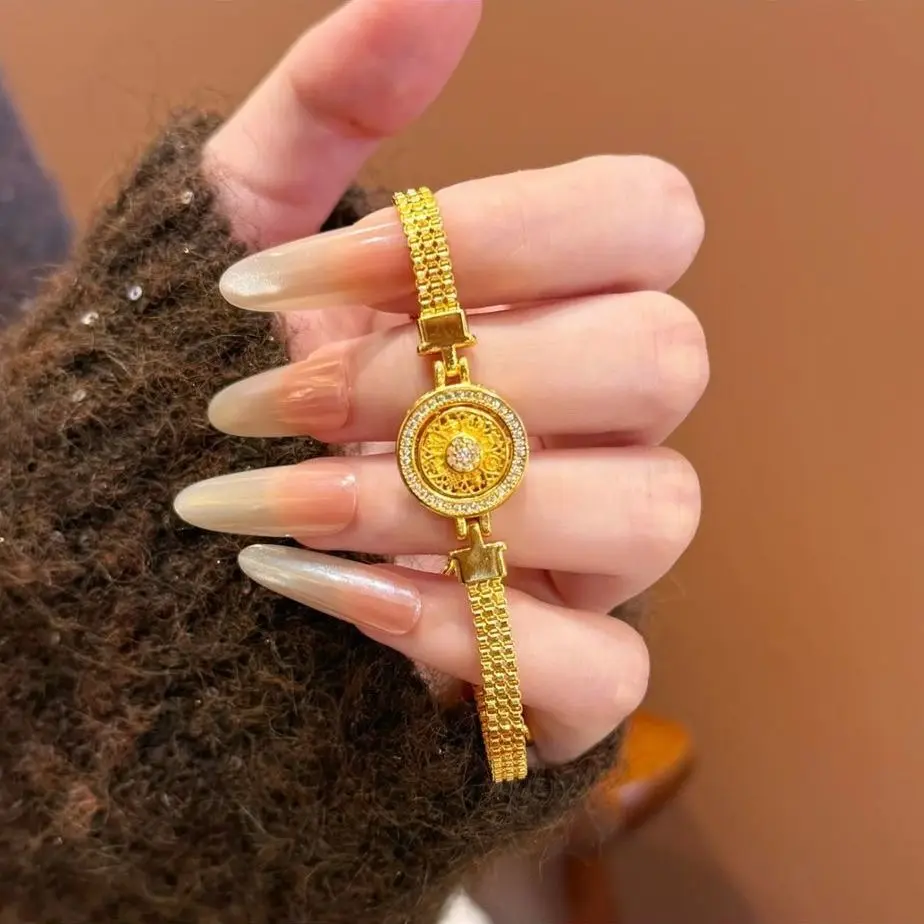Women's Spinnable Lucky Compass Round Medallion Bracelet - Anti-Fading Gold-Plated Double-Row Mesh Box Chain, Extra Extension Chain, Sun Radial, Sweat-Resistant Stackable Everyday Wear Costume Jewelry, Daily, Ladies, Mesh Chain, Rotating Disc