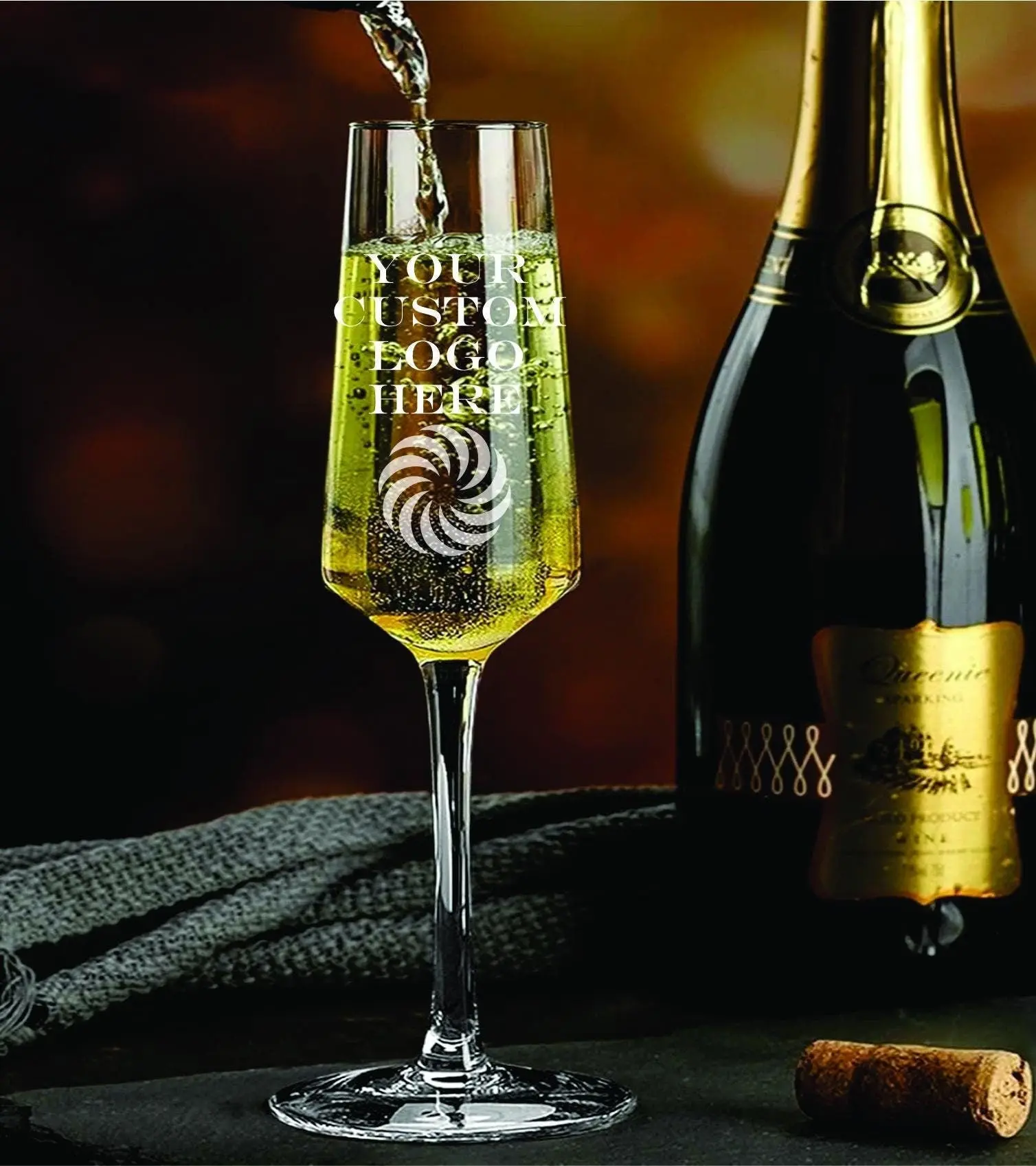 Set of 12 Custom Logo Stem Champagne Glasses - Laser Engraved - Corporate Gifts - Business Logo Glass - Company Christmas Party Client Gift