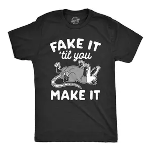 Mens Fake It Til You Make It Shirt Funny Opossum Rodent Graphic Novelty Tee Mens Funny T Shirts Cool Vintage Fashion T-Shirt Gift Classic Menswear Funny Animal Short Sleeve Novelty Tees for Guys Black