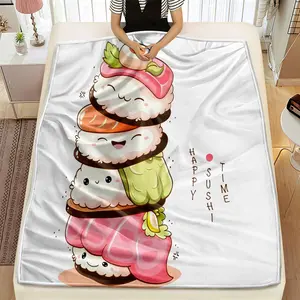 Cute Sushi Pattern Flannel Blanket, Soft Skin-Friendly Warm Easy Storage, Perfect for Home Bedroom Sofa Office Nap Travel Multi-Scene Use