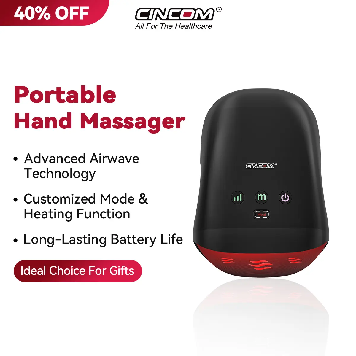 CINCOM Cordless Hand Massager with Thermal Heat & Vibration, Rechargeable Self-Care Device with Adjustable Settings, Ideal Adulting Gift - Black, Ideal Choice For Gifts, Vibratory Massager, Adulting Gifts