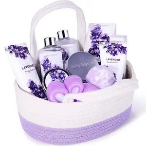 Bath Gift Set for Women - 11 Pcs Lavender Body Spa Basket Kits, Holiday Christmas Birthday Gifts for Her