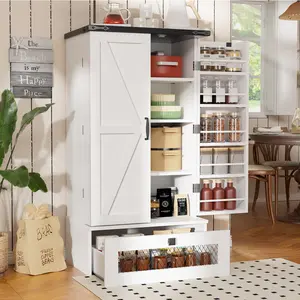 47" Pantry Cabinets with Adjustable Shelves and Drawer, Farmhouse Kitchen Pantry Storage Cabinet, Buffet Cupboards Sideboard for Kitchen, Dining Room, Living Room Use