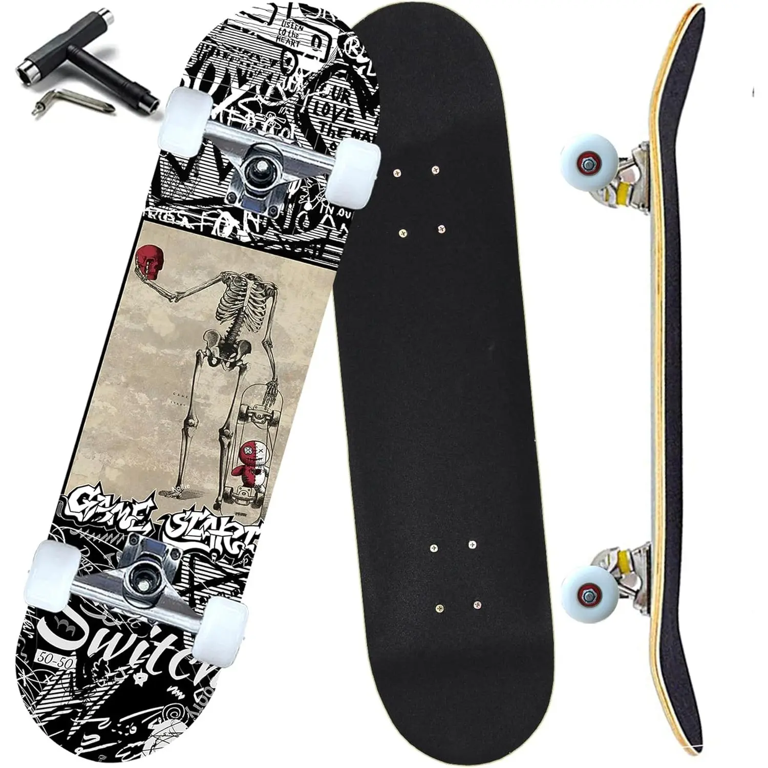 Beginner-Friendly Double Kick Skateboard 31"x8" Double Kick Skateboard, 7 Layers Canadian Maple Concave Deck, Beginner Friendly Skate Board for Kids, Teens, Youths & Adults