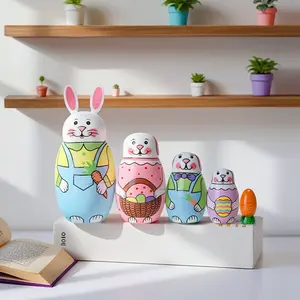 Set of 5 Rabbit Nesting Dolls - Adorable Handmade Wooden Matryoshka Stacking Toys for Kids - Cute Figurine and Decorative Ornament for Home Decor, Office Desk, Bookshelf - Unique Gift Idea for Birthday, Easter, Children's Day, Halloween & Christmas