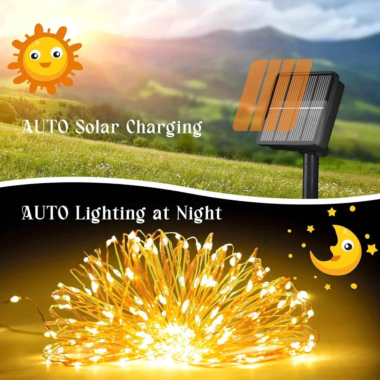 Ledoor 2 Pack of 104/39.3FT (300/100LED) Solar Outdoor Lights, Outdoor Solar String Lights, Copper Wire 12 Pattern Solar Tale Lights Garden Yard Tree Christmas Party Wedding (Warm White) Nimh Battery with Cable Management Reel IP65