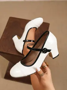 Women's Color-Block Patent Leather Round Toe Chunky Heel Buckle One-Strap Mary Jane High Heels Retro Casual, Stylish Versatile Office Commute Daily For Valentine's Day, Wedding, Party