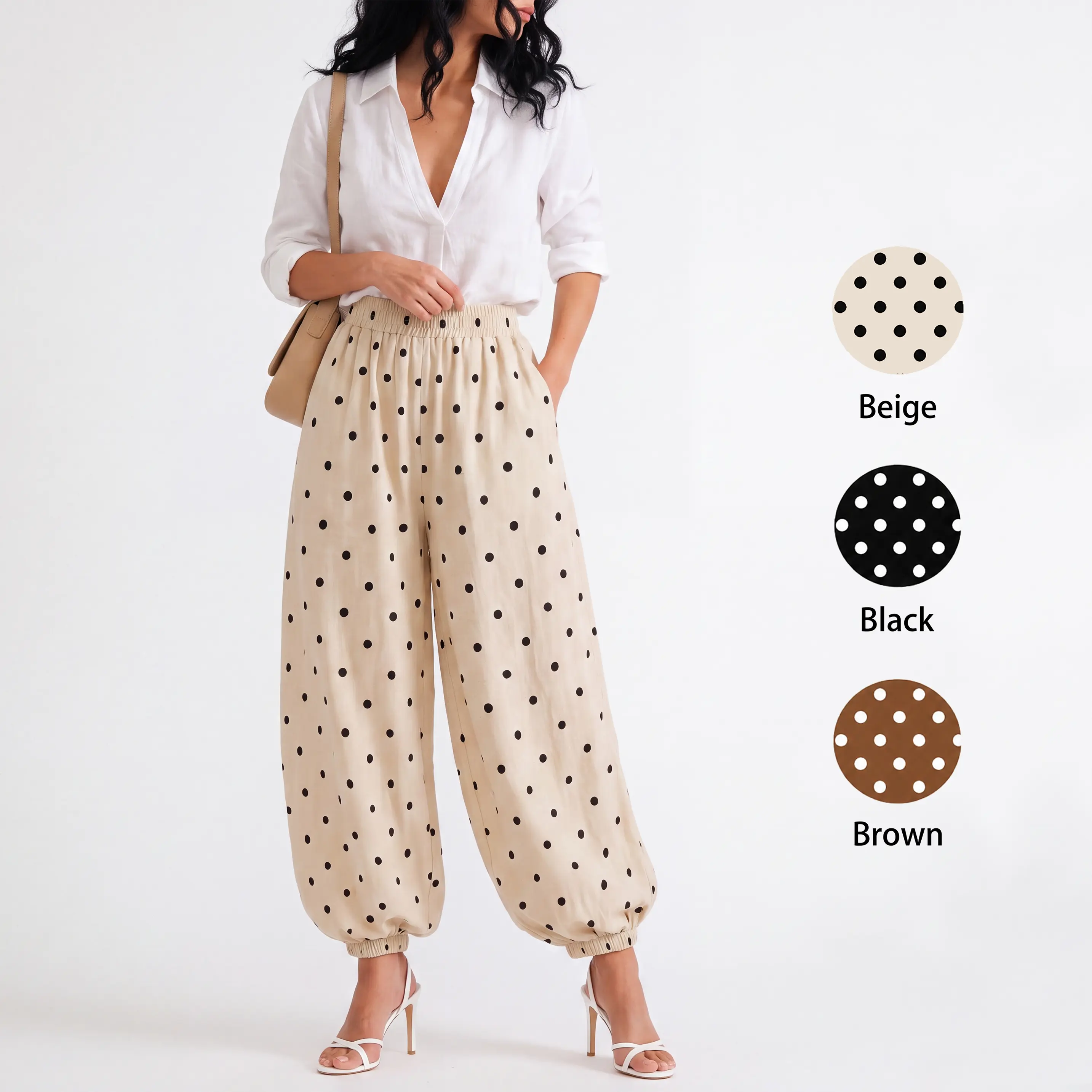 Bienmorn Women's Polka Dot Pants, Balloon Lantern Baggy Lounge Trousers with Pockets, Elastic High Waist & Ankle Cuffs, 100% Cotton Breathable Lightweight Soft Comfy Casual Fall Long Pants for Home, Weekend Outing & Travel, Machine Washable