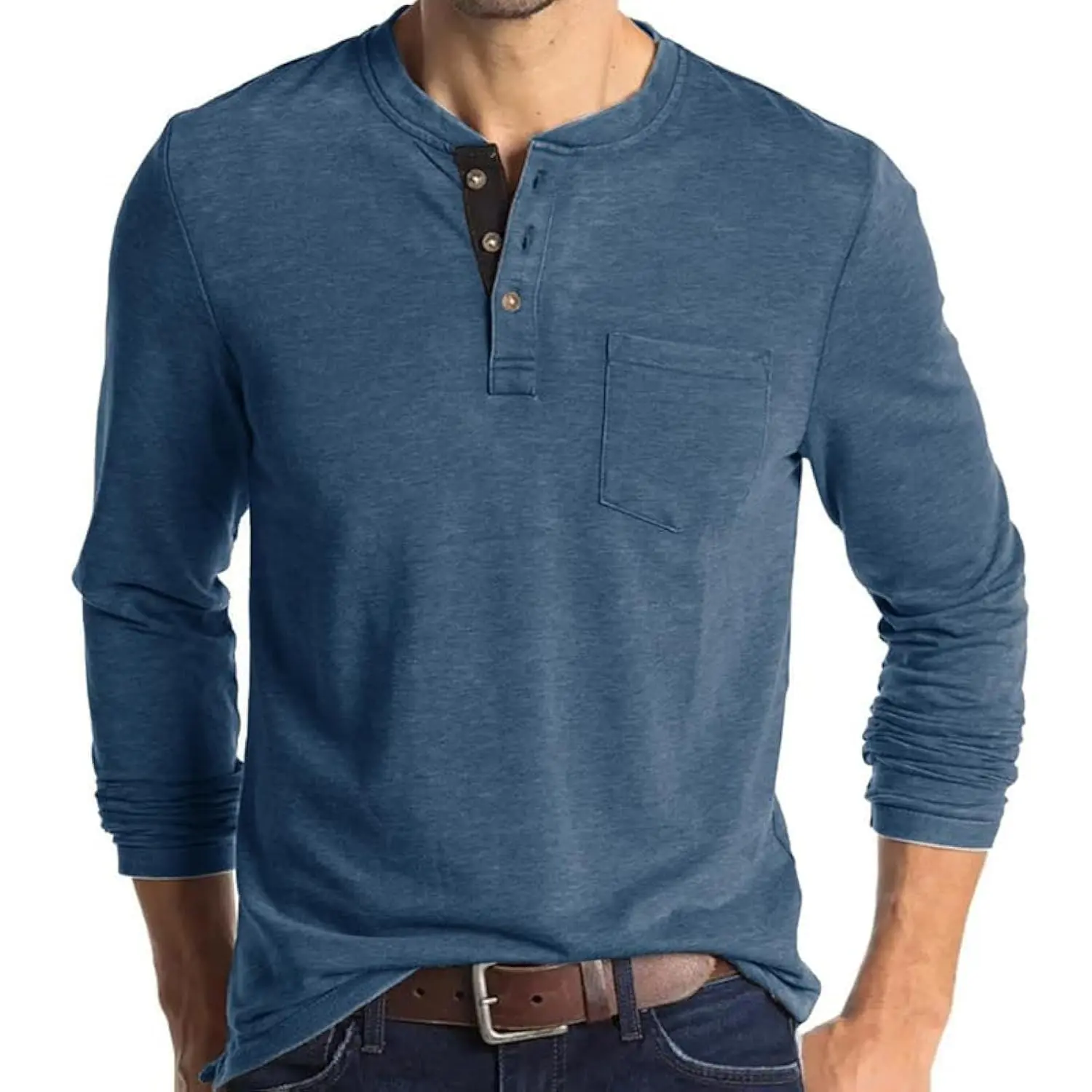 congluoki Henley Shirts Long Sleeve T Shirt Fashion Casual Basic Plain Shirts with Pocket Button V Neck T Shirts Men Lightweight Blue M