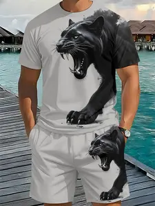 White Ink Black Panther domineering 3D digital printed two-piece set, 2Pcs, trendy and fashionable suit, trendy retro casual two-piece set, vacation-style trendy outfit, breathable sports casual style, perfect holiday gift for men