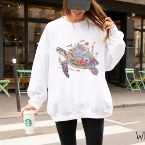 Sea Turtle Sweatshirt, Boho Floral Turtle Comfy Pullover Shirt, Aquatic Animal Hoodie, Gift for Nature and Ocean Lover Cotton Crewneck Fabric Womenswear Bottom Drawstring