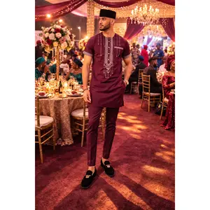 African Men's Embroidered Short Sleeve 2-Piece Set: Traditional Wedding Attire Groom Groomsmen Aso Ebi Engagement Ceremony Nigerian Party Outfit Buba Sokoto Embroidery Cotton