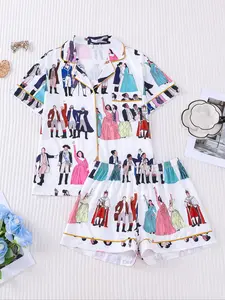 2-piece women's pajama set, Nightwear, features a Hamilton print striped short-sleeved top with small pockets, offering comfortable, soft, smooth fabric; elastic waistband suitable for all seasons, perfect for casual loungewear