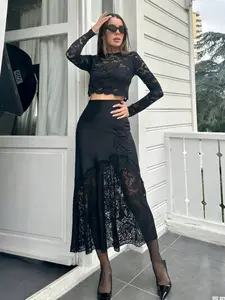 Women's High Waist Satin Lace Long Dress, Asymmetric Decor Y2K Evening Gown, Layered Elegant Fitted Midi Skirt for Spring Summer Fall Winter