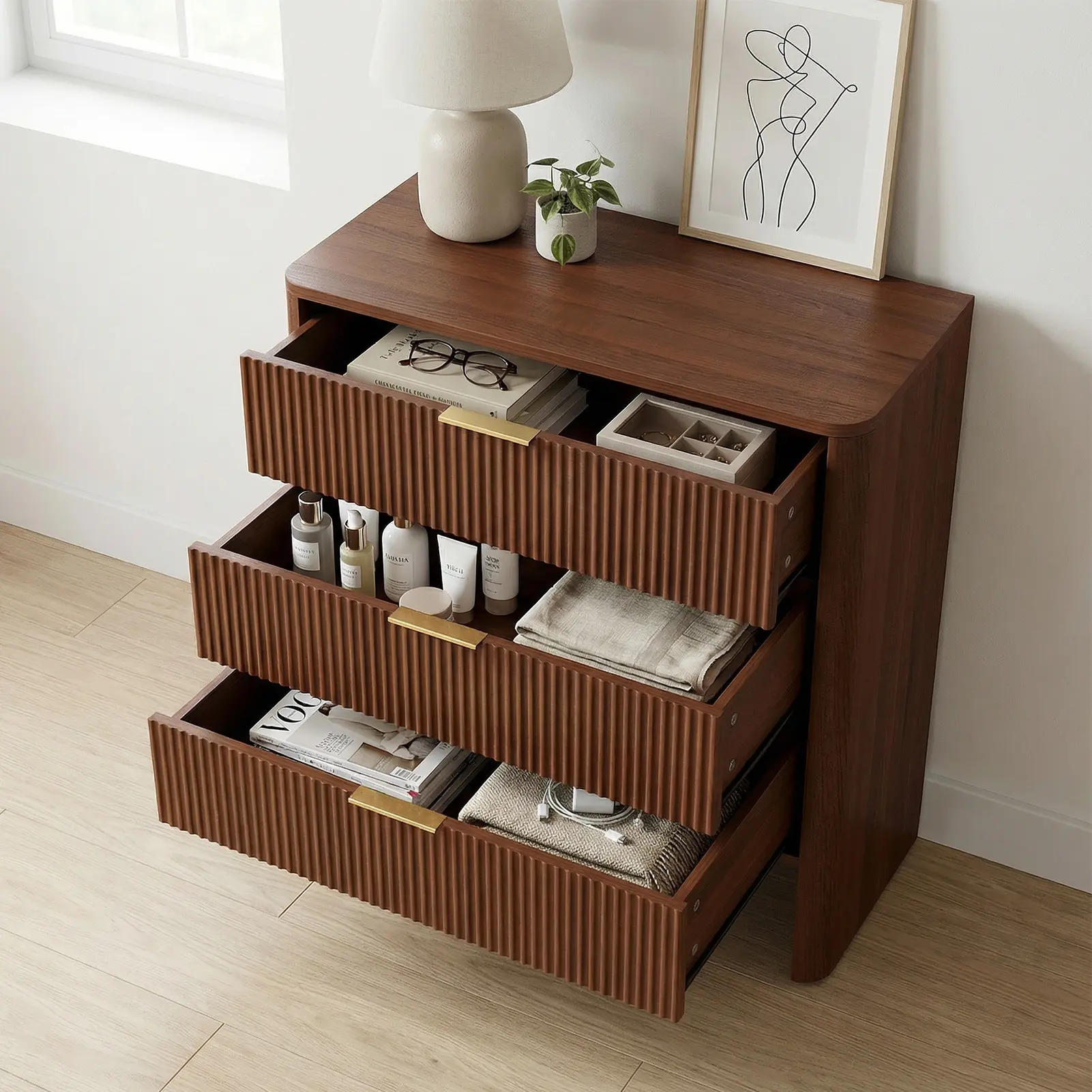 30in Modern All-Wood 3-Drawer Wavy Pattern Sideboard Storage Cabinet - 78x38x80cm, Sturdy, Anti-Tip Safe, Easy-Setup Indoor Chest for Drawer Organization, Bedroom Organization (Living Room Compatible)