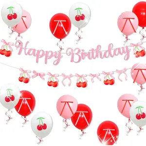 Cherry Birthday Backdrop Banner She's The Cherry on Top Balloons Coquette Birthday Decorations Bow Party DecorCherry Party Decor Birthday Props