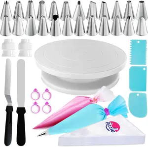 88-Piece Cake Decorating Bakeware Set with Rotatable Turntable & Cake Stand - Includes 50 Disposable Pastry Bags, 2 Reusable Pastry Bags, 24 Icing Tips, 2 Spatulas, 3 Icing Comb Scrapers, Baking Supplies