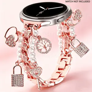 Pearl chain bracelet compatible with Samsung Galaxy Watch 8 strap 40/44mm and Watch8 Classic 46mm, Smart watch accessories, with pearl metal linked strap for women, with adjustable heart-shaped pendant strap, Wearable Accessory