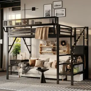 AURNIENOFUS Twin Size Industrial Metal Frame Loft Bed with Stairs, Storage Shelves, Large Under-Bed Space, Heavy-Duty for Kids