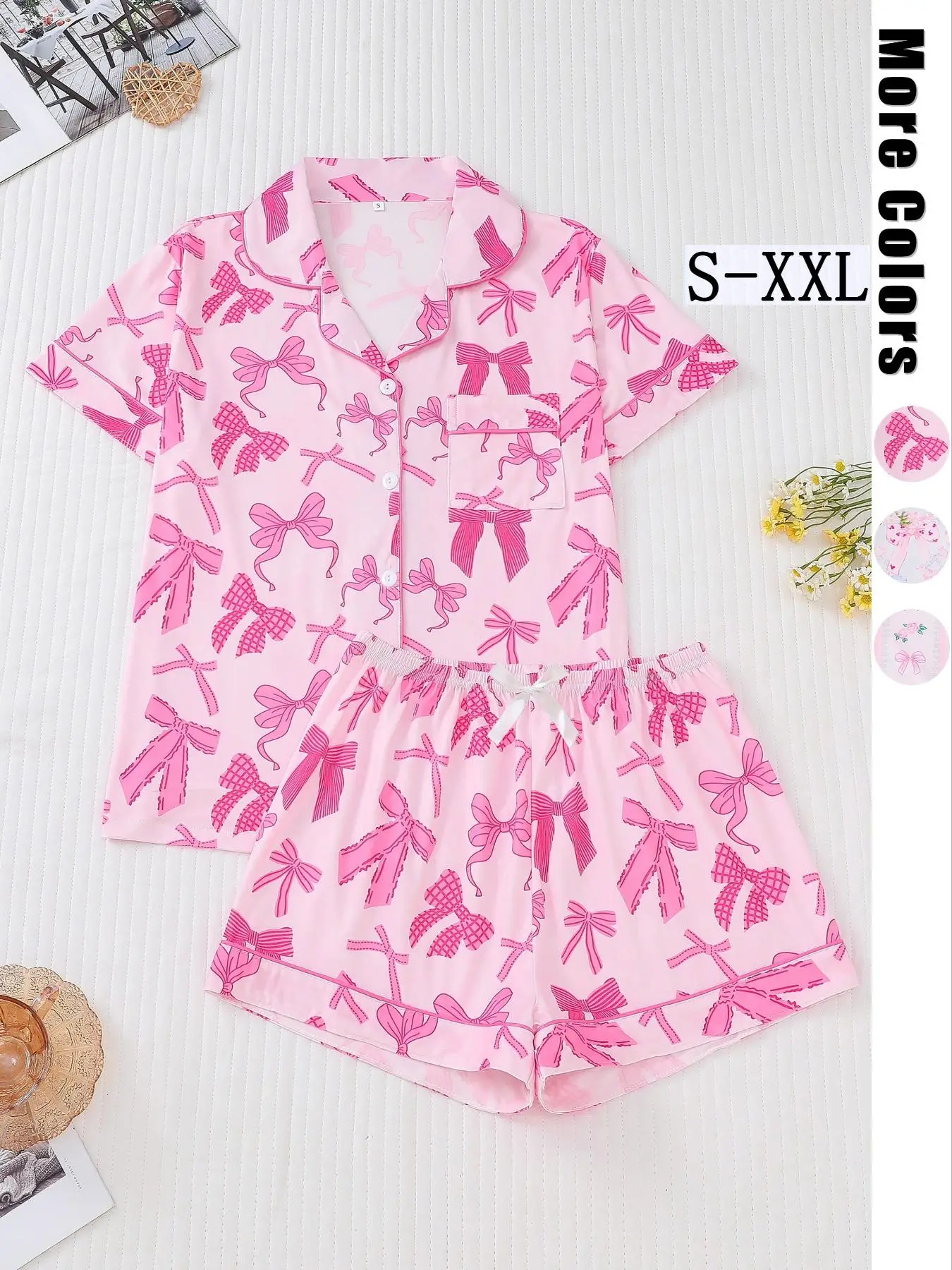 Two-Piece Set Women's All Over Bow Print Pocket Button Front Shirt & Bow Decor Shorts Pyjama, Casual Comfy Short Sleeve Lapel Top & Elastic Waist Shor