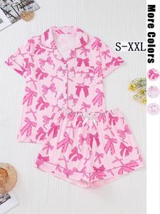 women's all over print pocket shirt & bow decor shorts pyjama, casual comfy short sleeve lapel top & elastic waist shorts pj set, sleepwear for women, ladies summer sleepwear, pajama sets women, homewear, loungewear, fashion sleepwear