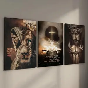 3 Counts Wood Framed Canvas Religious Wall Art, Ready to Hang, Cross Art Bible Decor, Waterproof Canvas, Modern Home Decor