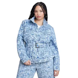 ELOQUII Women's Plus Size Lace Printed Denim Belted Jacket