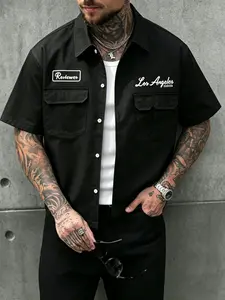 Men's Plus Size Los Angeles Script & Reviewer Patch Short Sleeve Workwear Shirt, Layered Streetwear, Casual Button Down Shirt for Daily Wear & Urban Style