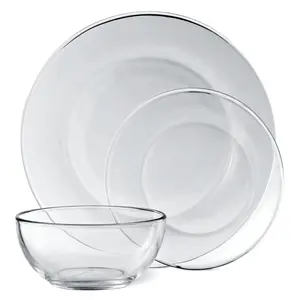 212 MAIN 12-Piece Thick Contemporary Red Pomegranate 0268-0 Element Glass Tableware Set - Oven-Safe Dinnerware Plates, Dinnerware Service Set