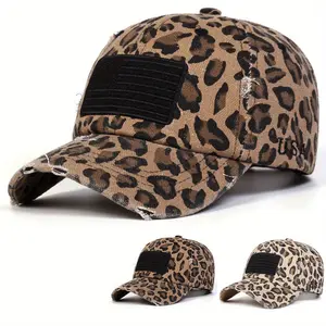 Unisex US Flag Embroidered Holes Leopard Baseball Cap Outdoor Adjustable Sunscreen Leisure Hat Spring Autumn Travel Tourism Beach Vacation