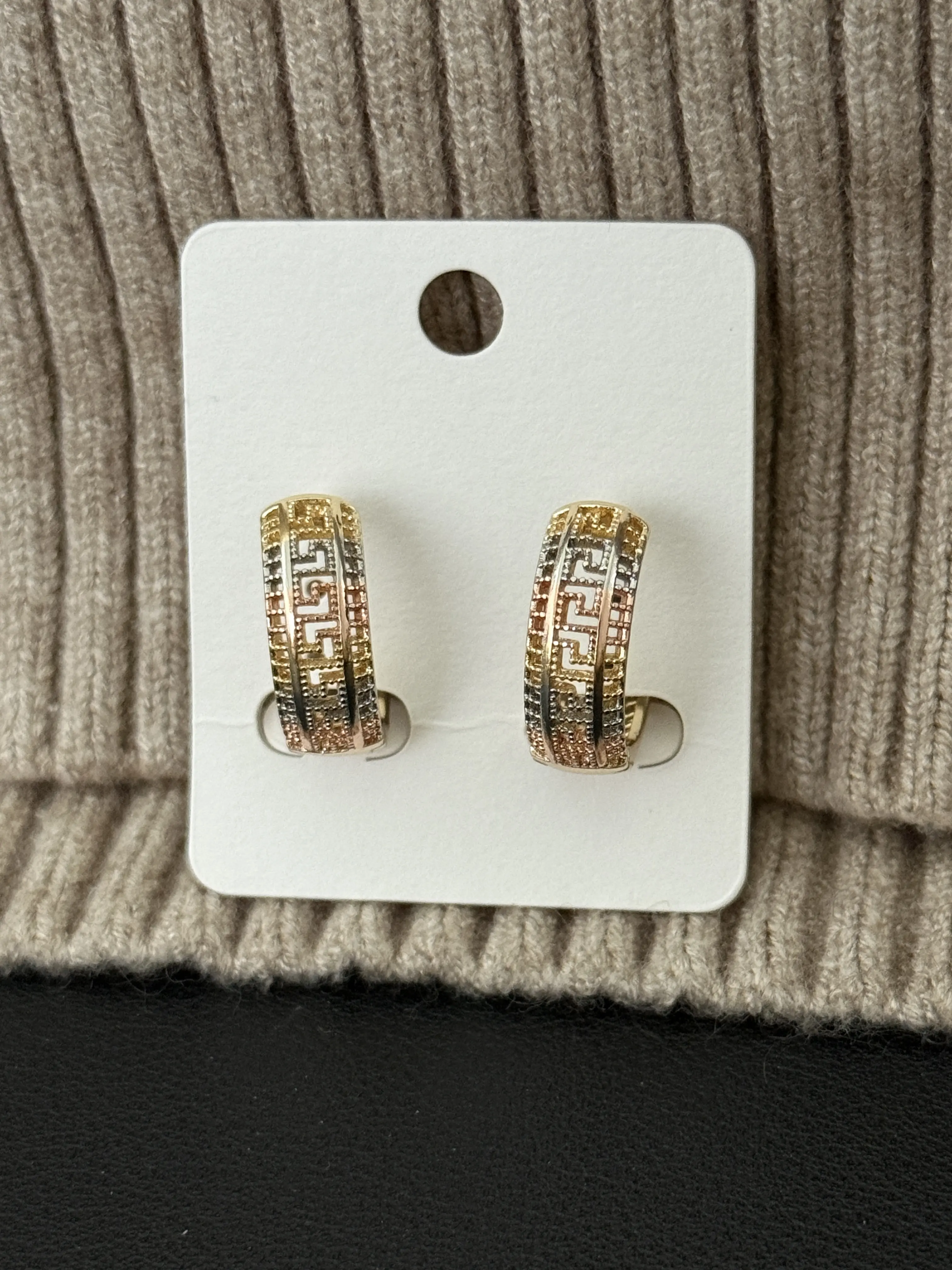 Gold Plated Greek Key Tri-Color Huggie Hoop Earrings