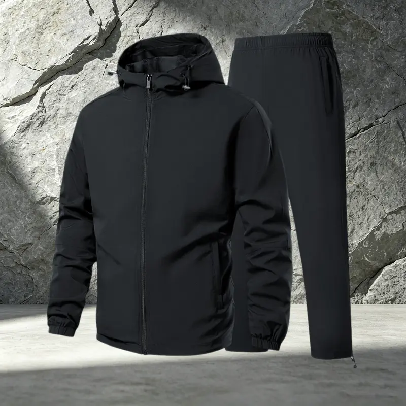Men's 2 Piece Polyester Solid Color Hooded Athletic Sweatsuit Full Zip Hoodie, Elastic Waist Long Pants, Minimalist Outdoor Casual 2 Piece Sets for Everyday Wear