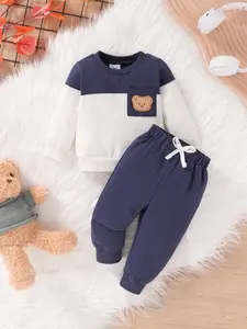 2-Piece Casual Baby Boy Set Soft Comfortable Cotton Cartoon Patch Embroidery Color Blocked Round Neck Long Sleeved Sports Shirt & Front Tie Elastic Waist Pants