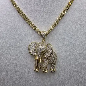 # 0352 14k Gold Plated High-Quality Cuban Link Chain with Diamond-Accented Elephant Pendant