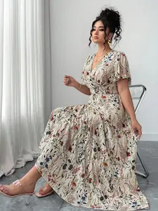 Plus Size Women's Holiday Style Short Sleeve Dress, Full Floral Print, V Neck Design, Loose Fit, Casual Wear, Perfect for Daily Use or Vacation