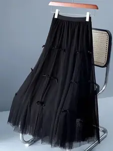 Women's Bow Lace Skirt, Double Layer Thin Fabric A-Line Maxi Dress, Elegant Office Wear, Comfortable Elastic Waist, Flowy Black Skirts, Lace Layered Skirt