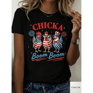 Chicka Boom Boom Patriotic American Fourth of July Cotton T-shirt Humorous Rooster Chickens Uncle Sam Hat Design Celebration Party Summer Gift Tee