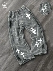 Unisex Street Style Cross Graphic Print Washed Cotton Fitted Long Pants Trouser, Sporty Straight Leg, Y2K Gothic Fashion, Trendy Streetwear Clothing, Men's Gift