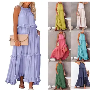 Women's Maxi Dress 2025 Spring Casual Loose Swing Boho Smocked Ruffle Sundress Halter Sleeveless Tiered Beach Dress