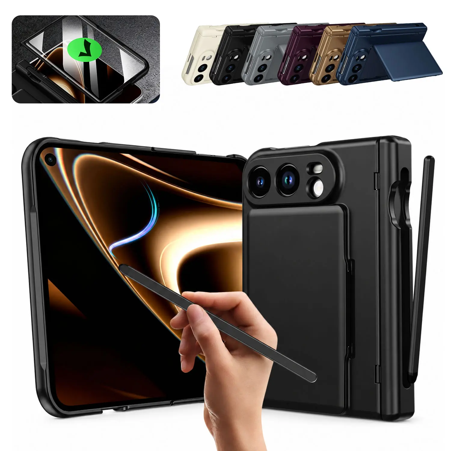 for iPhone Duo Case with Stylus Pen Included, Built-in Stylus Holder & Hidden Kickstand, Magnetic Foldable Phone Case with Screen Protector, Full Hinge Protection, Hidden Card Holder, Shockproof Protective Cover