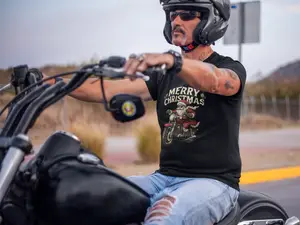 Santa on Motorcycle Tee | Merry Christmas biker holiday shirt