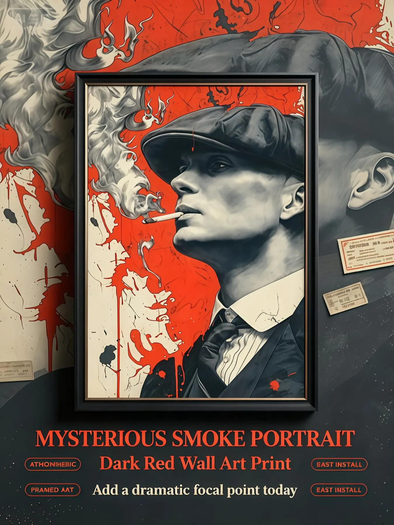 Peaky Blinders Tommy Shelby Character-Based Canvas Wall Print - Artistic Red Splash Ink Engraved Detailed Sketch, British Drama Vintage Gangster Decor for Man Cave, Room, Bar