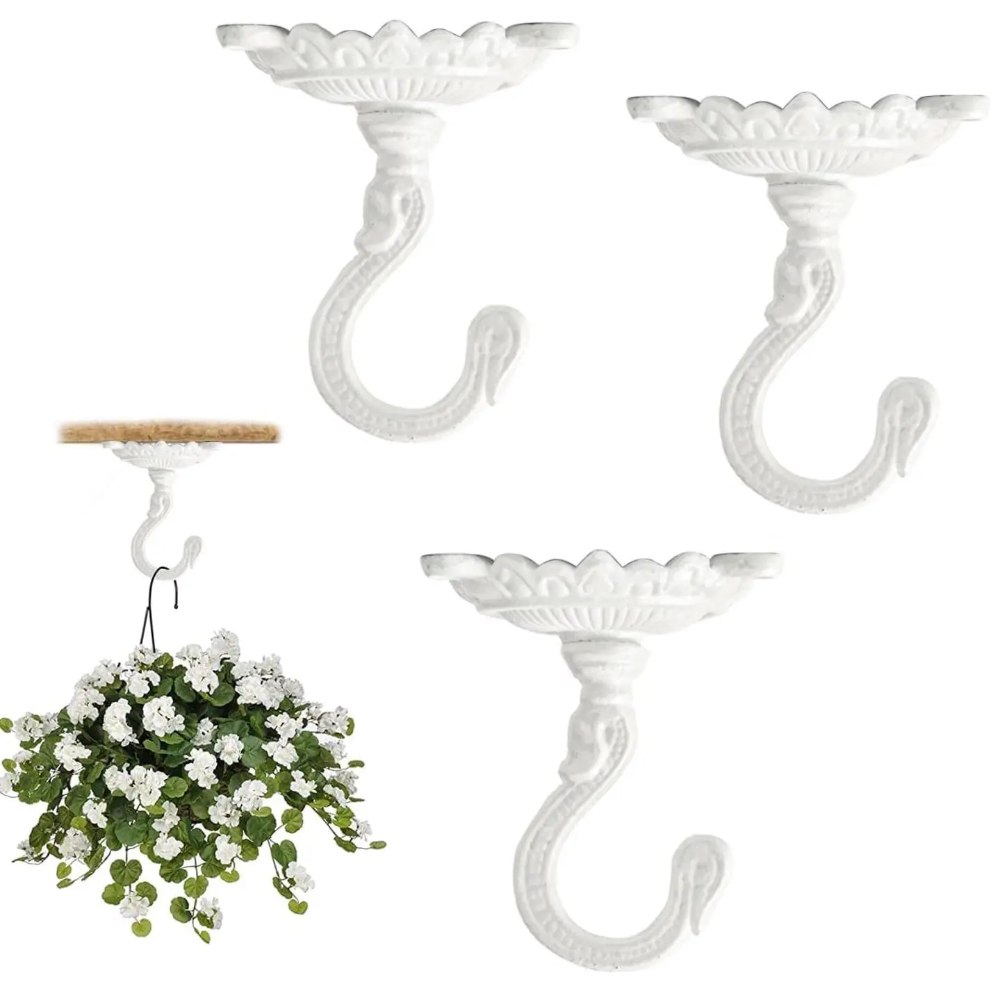 Heavy Duty Ceiling Hooks for Hanging , 3 count White 3.5x3.9Inch Large Cast Iron Ceiling Hooks, Antique Decorative Ceiling Swag Hooks for Hanging Planter Chandelier Wind Chime Lantern Hanger