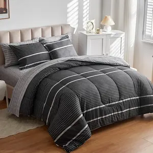 Ombre Boho Striped Bed in a Bag 7 count  Size, White Striped on Black Dark Gray Comforter Sheet Set (1 Comforter, 1 Flat Sheet, 1 Fitted Sheet, 2 Pillow Shams, 2 Pillowcases)