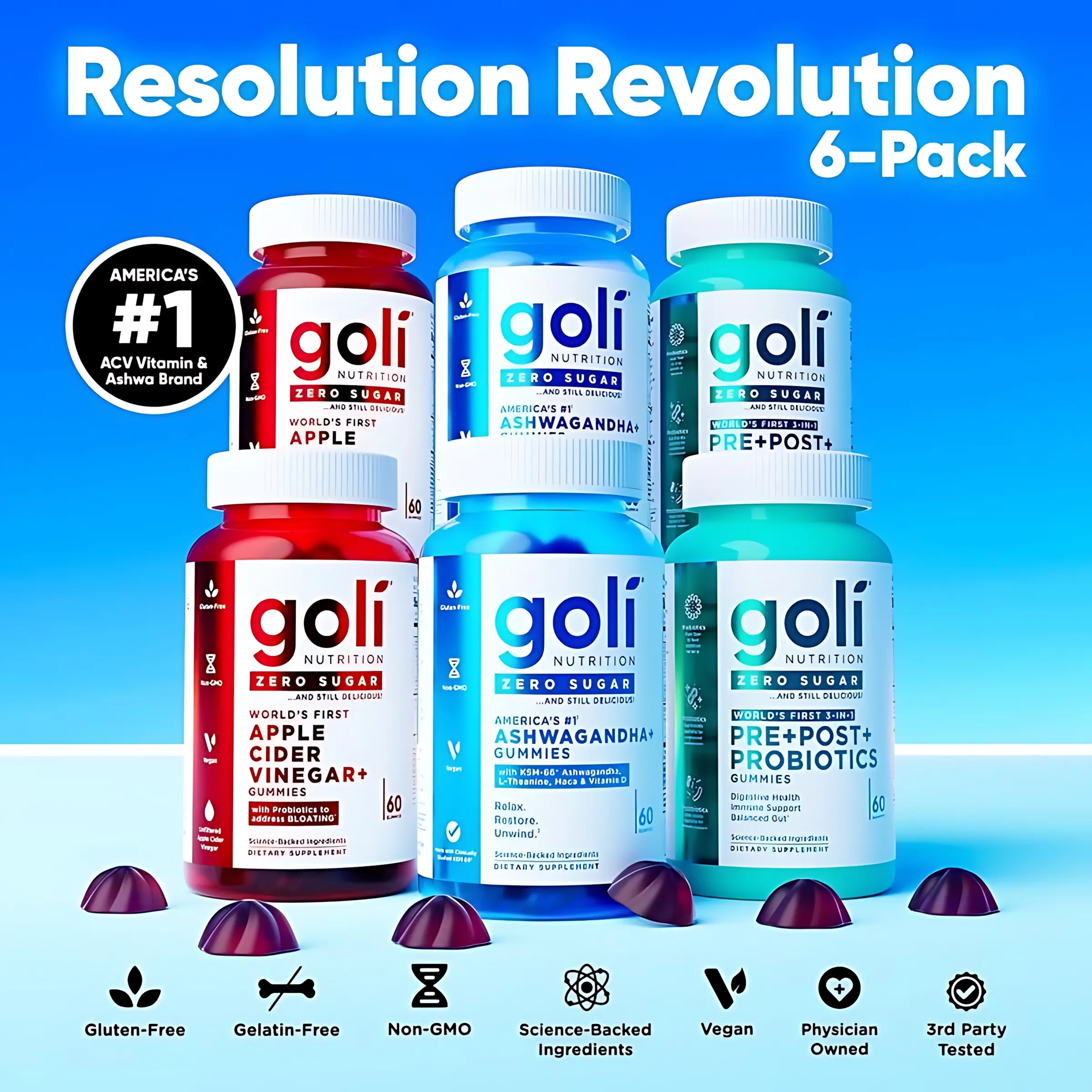 Goli Nutrition Zero Sugar Best Seller Value Bundle - World's First 3-in-1 Pre, Post, Probiotic, Apple Cider Vinegar with Vitamin B12 and Probiotics To Address Bloating, Ashwagandha & L-Theanine, Viamin D gummies. Gluten-Free, Vegan, Non-GMO & Gelatin-Free