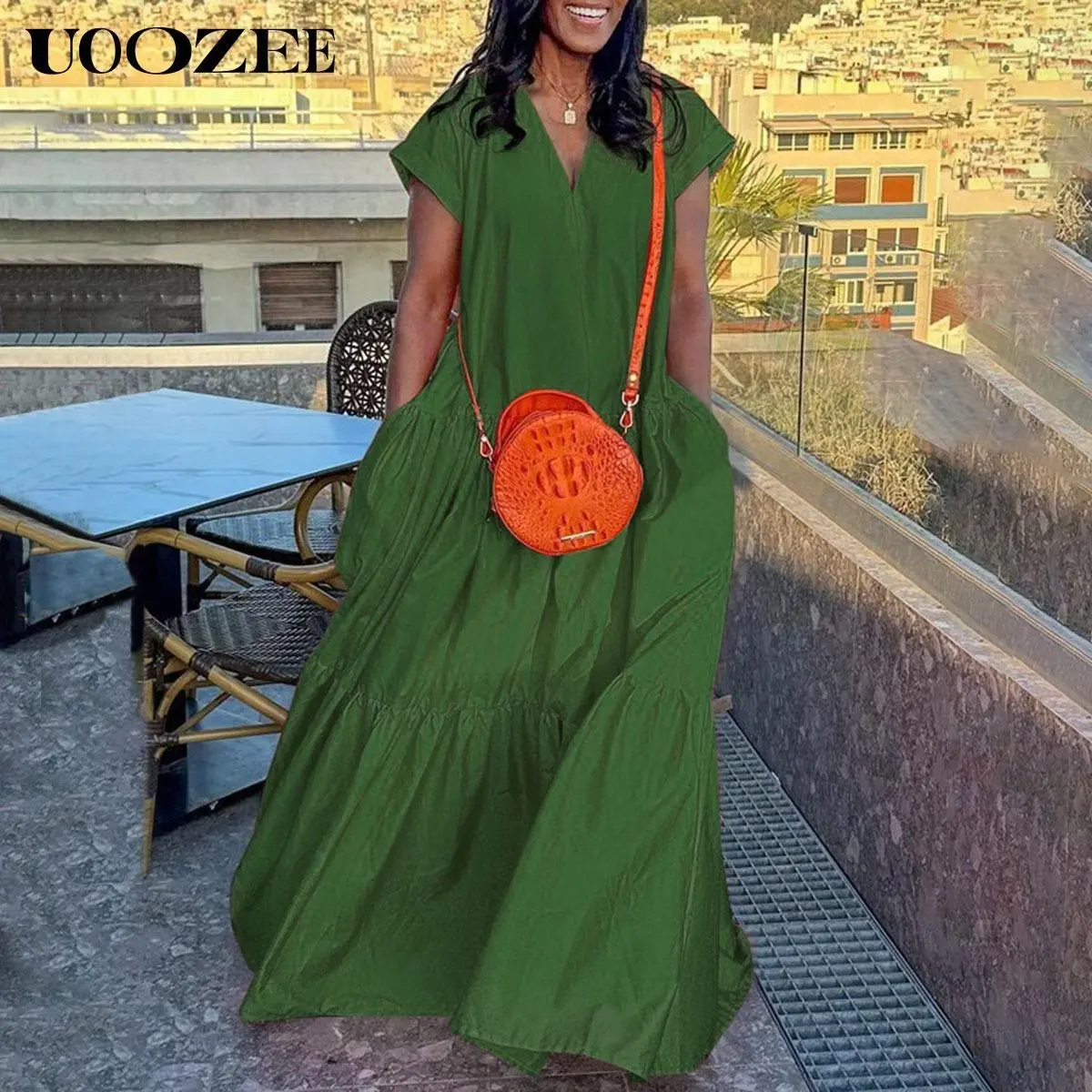 UOOZEE Women's Casual Pleated Maxi Dress, Comfortable Loose Fit Short Sleeve Summer Cotton Blend Dress with Split V-Neck and Pockets, Style, Lady, Chic, Split-Joint, Zipper Closure, Drop Style Casual Dresses