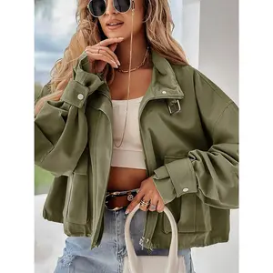 Women's Cropped Bomber Jacket - Imily Bela Long-Sleeve Zip-Up Casual Loose-Fit Outerwear with Pockets